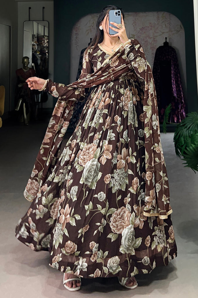 Gorgeous Brown Floral Printed Georgette Event Wear Gown