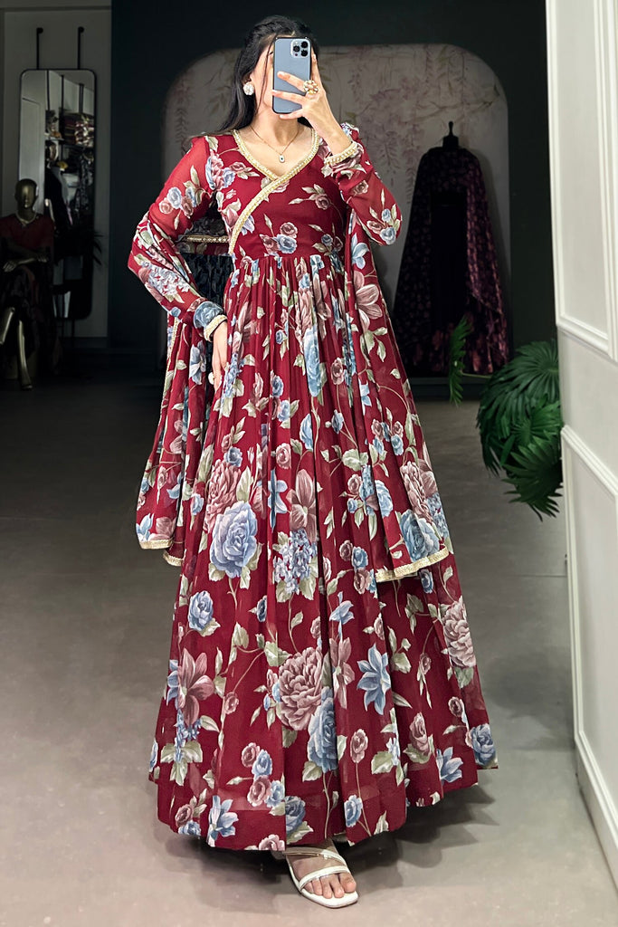 Incredible Maroon Floral Printed Georgette Festival Wear Gown