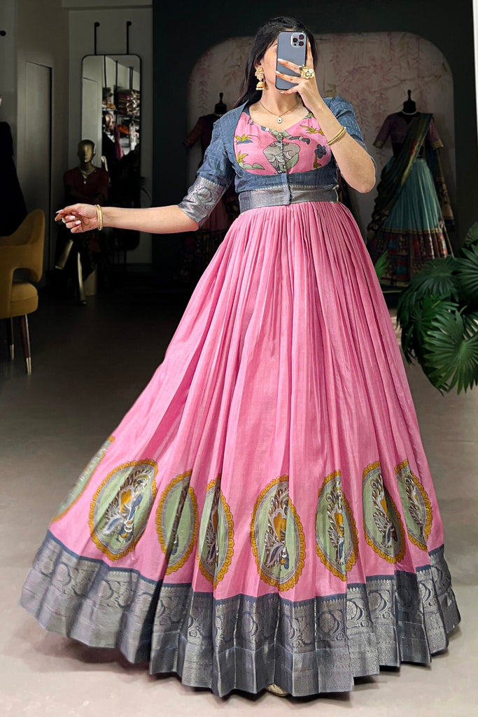 Attractive Pink Dola Silk Traditional Gown With Zari Weaving Jacket