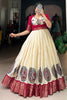 Alluring Off-White Kalamkari Printed Dola Silk Gown With Jacket