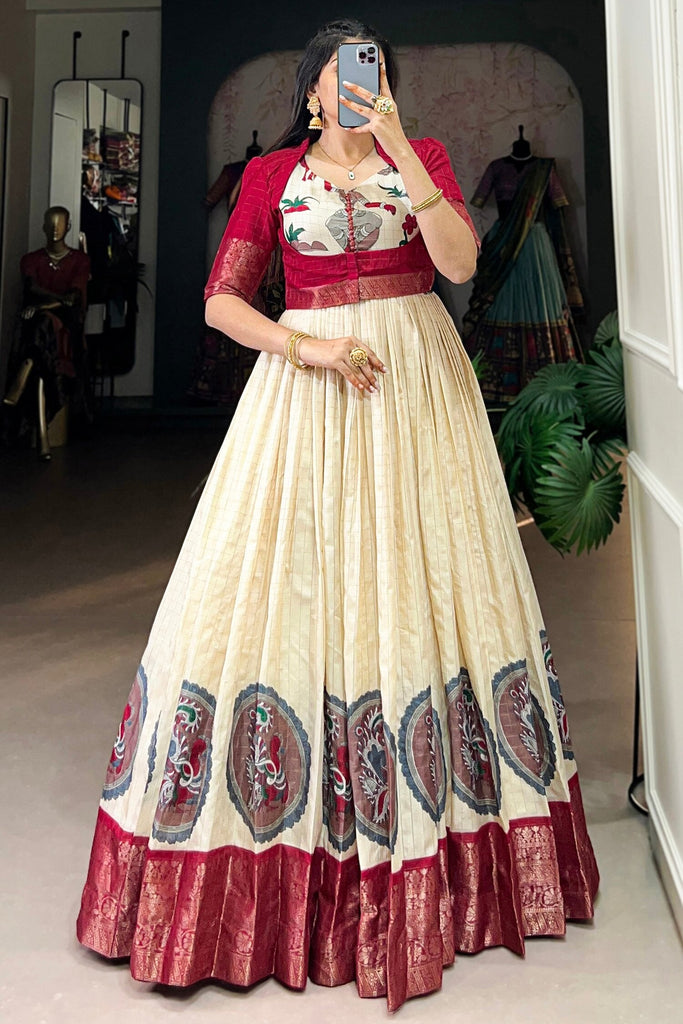 Alluring Off-White Kalamkari Printed Dola Silk Gown With Jacket