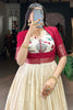 Alluring Off-White Kalamkari Printed Dola Silk Gown With Jacket