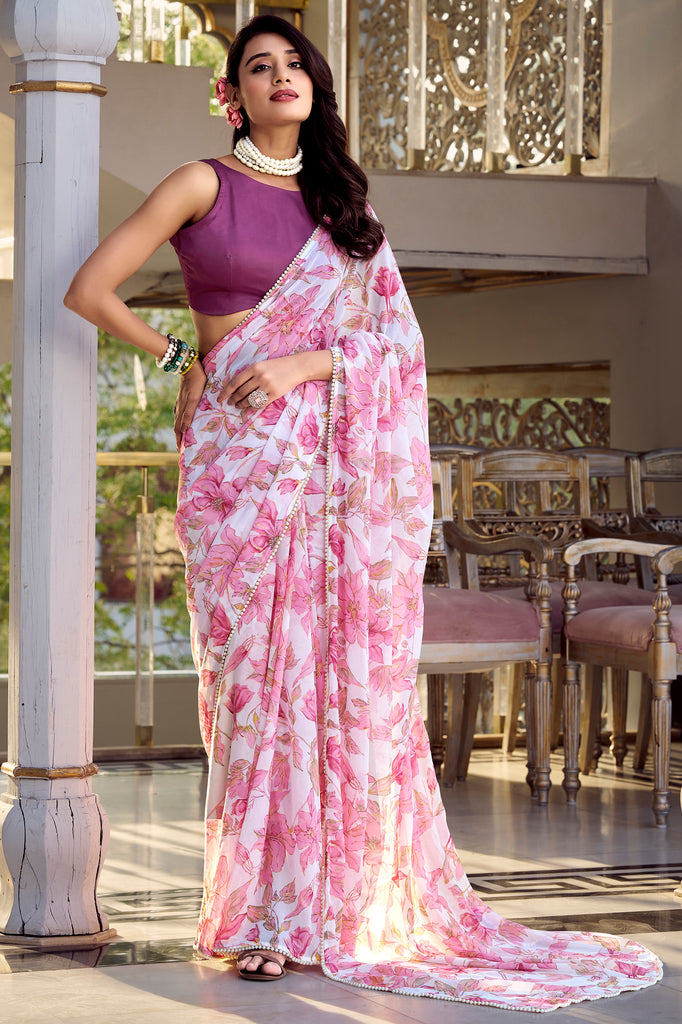 Tantalizing Light Pink Floral Printed Chiffon Saree With Blouse