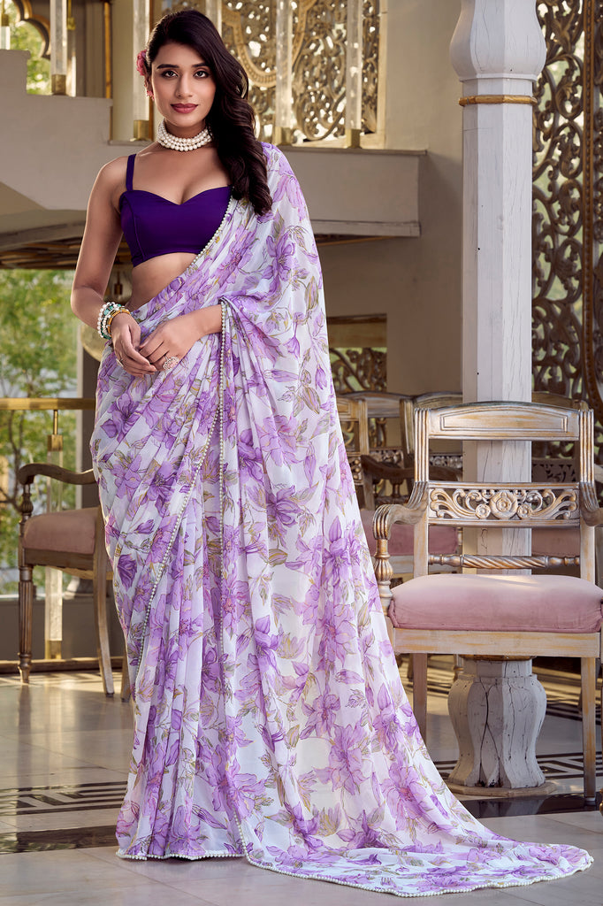 Excellent Lavender Floral Printed Chiffon Casual Wear Saree With Blouse