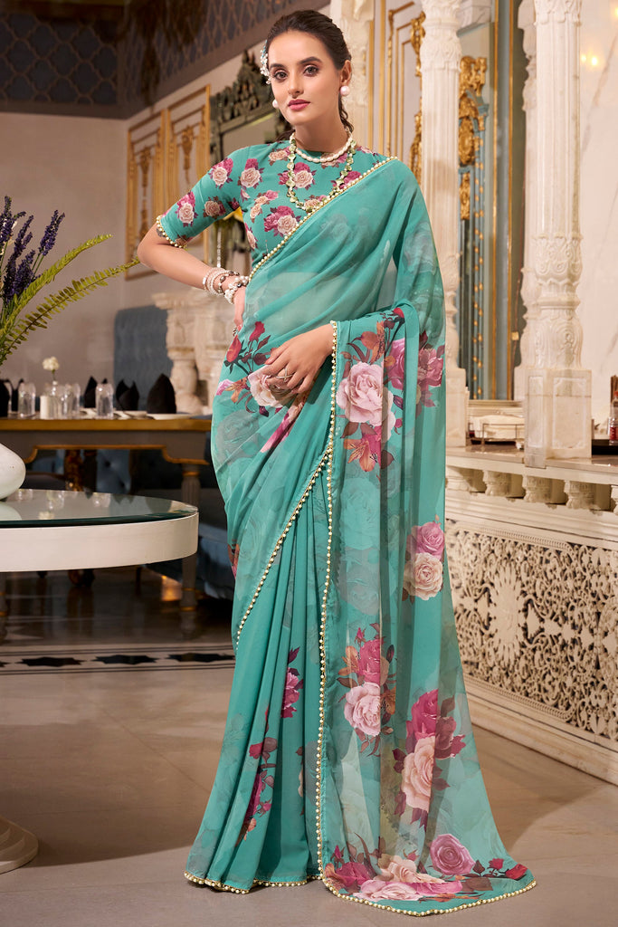 Lovely Teal Green Floral Printed Georgette Office Wear Saree With Blouse