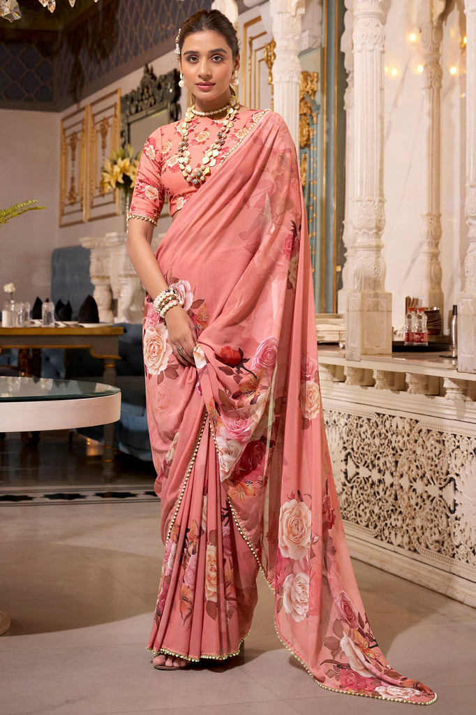 Gorgeous Orange Floral Printed Georgette Trendy Saree With Blouse