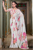 Tantalizing White Floral Printed Georgette Event Wear Saree With Blouse