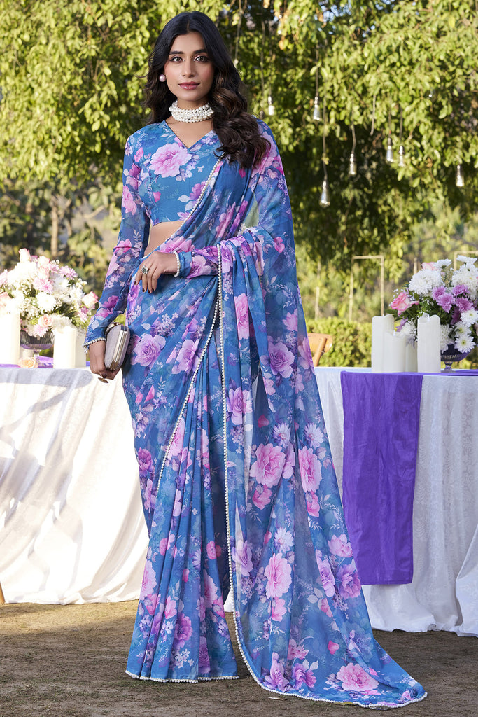 Incredible Blue Floral Printed Chiffon Casual Wear Saree With Blouse