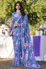 Incredible Blue Floral Printed Chiffon Casual Wear Saree With Blouse