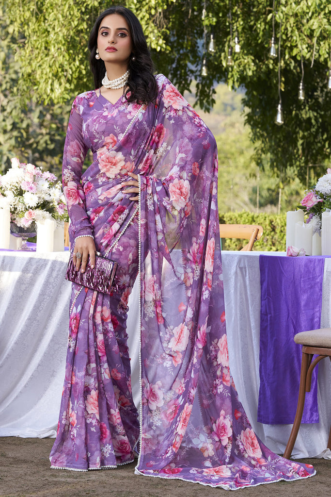 Beautiful Purple Floral Printed Chiffon Event Wear Saree With Blouse
