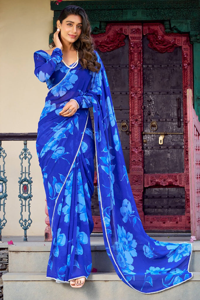 Fantastic Blue Floral Printed Chiffon Office Wear Saree With Blouse