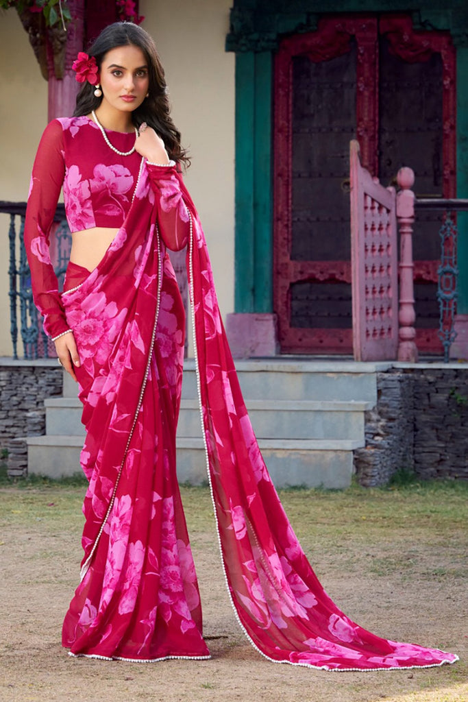Incredible Pink Floral Printed Chiffon Office Wear Saree With Blouse