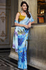 Awesome Sky Blue Floral Printed Satin Office Wear Saree With Blouse