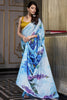 Awesome Sky Blue Floral Printed Satin Office Wear Saree With Blouse