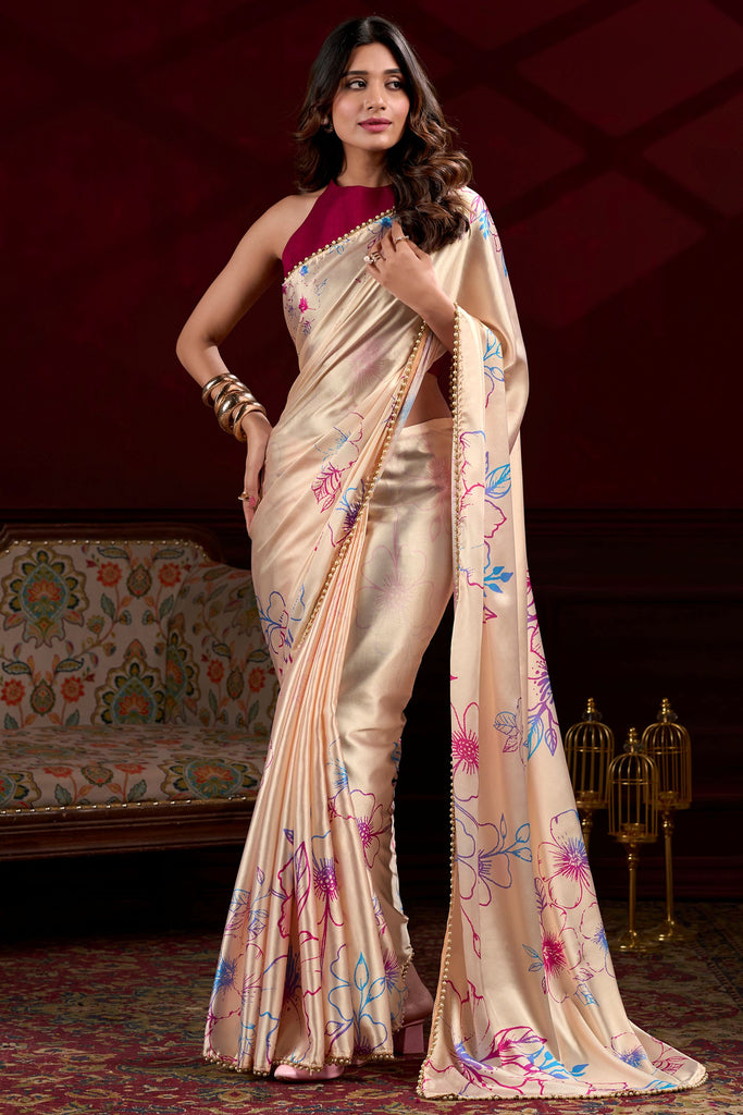Tantalizing Cream Floral Printed Satin Casual Wear Saree With Blouse