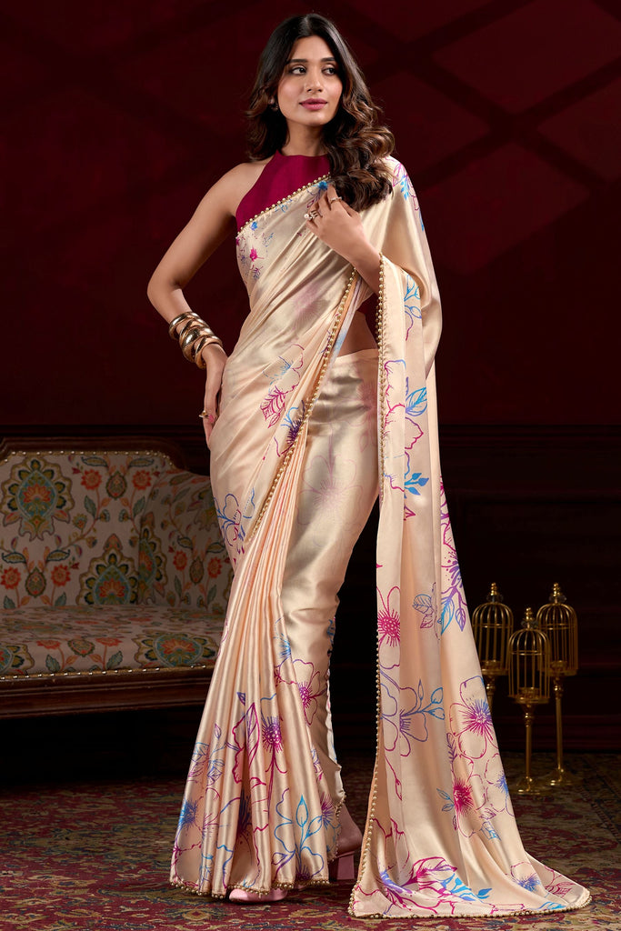 Tantalizing Cream Floral Printed Satin Casual Wear Saree With Blouse
