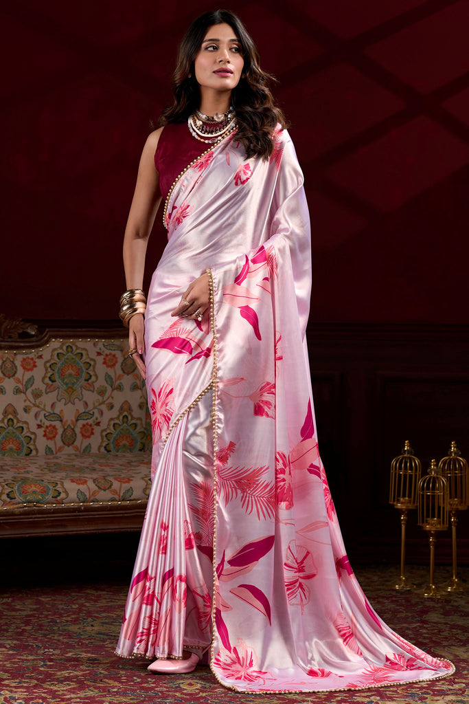 Incredible Light Pink Floral Printed Satin Saree With Blouse
