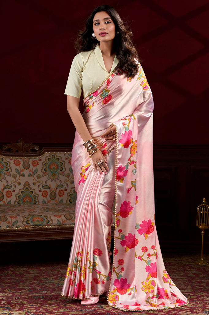 Wonderful Peach Floral Printed Satin Party Wear Saree With Blouse