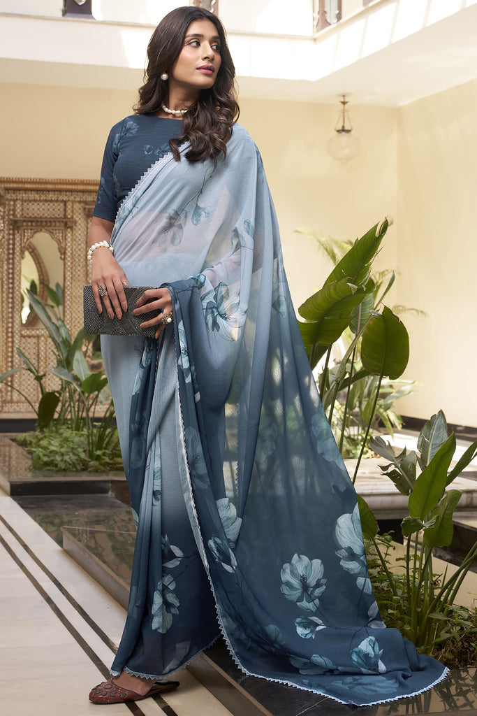 Surprising Teal Blue Floral Printed Chiffon Saree With Blouse