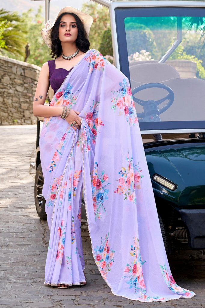Precious Lavender Floral Printed Crepe Casual Wear Saree With Blouse