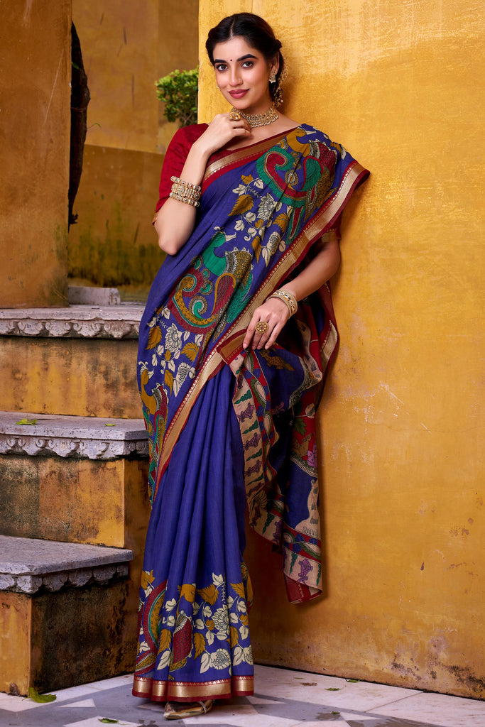 Alluring Blue Kalamkari Printed Chanderi Festival Wear Saree With Blouse