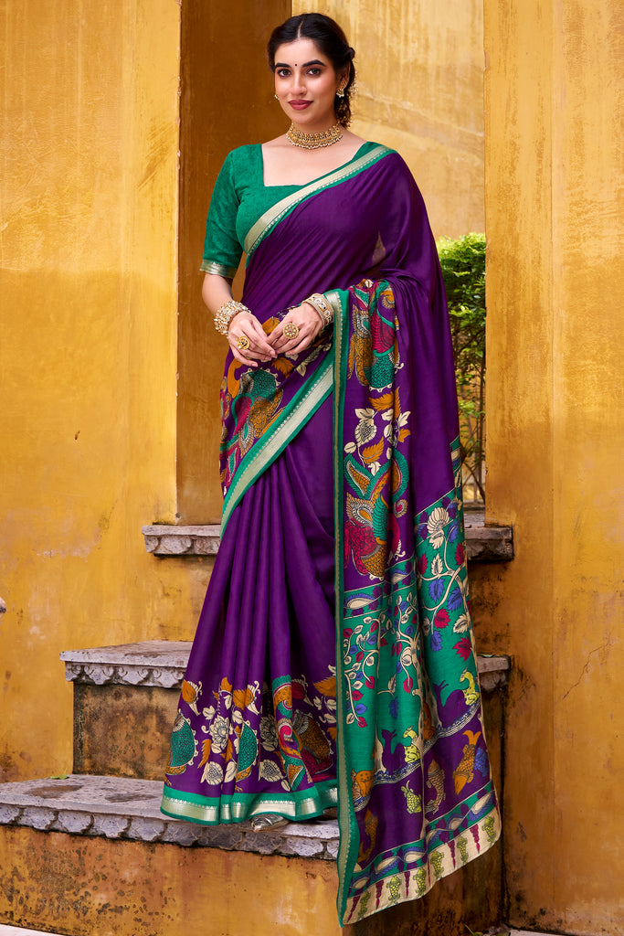 Tantalizing Purple Kalamkari Printed Chanderi Festival Wear Saree With Blouse