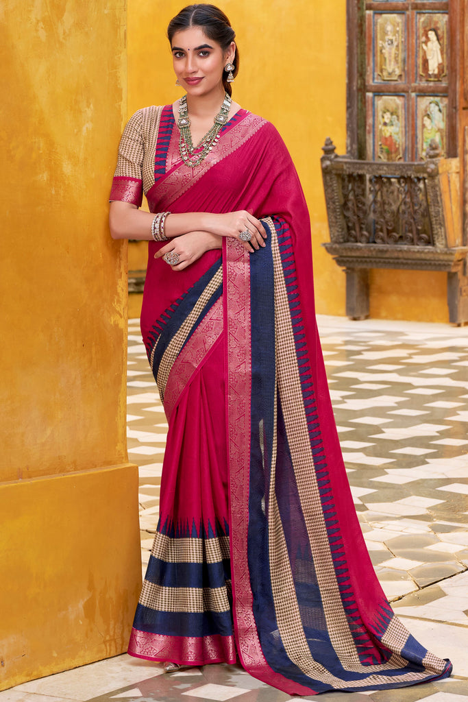 Beautiful Pink Zari Weaving Cotton Festival Wear Saree With Blouse