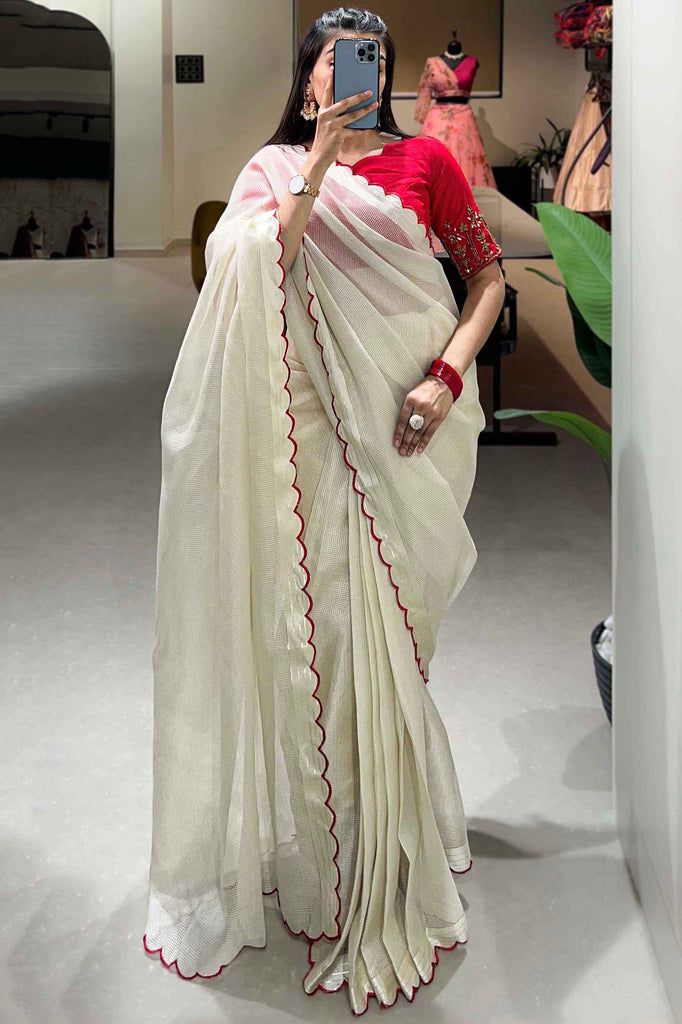 Ravishing Off-White Arca Work Tussar Silk Wedding Wear Saree