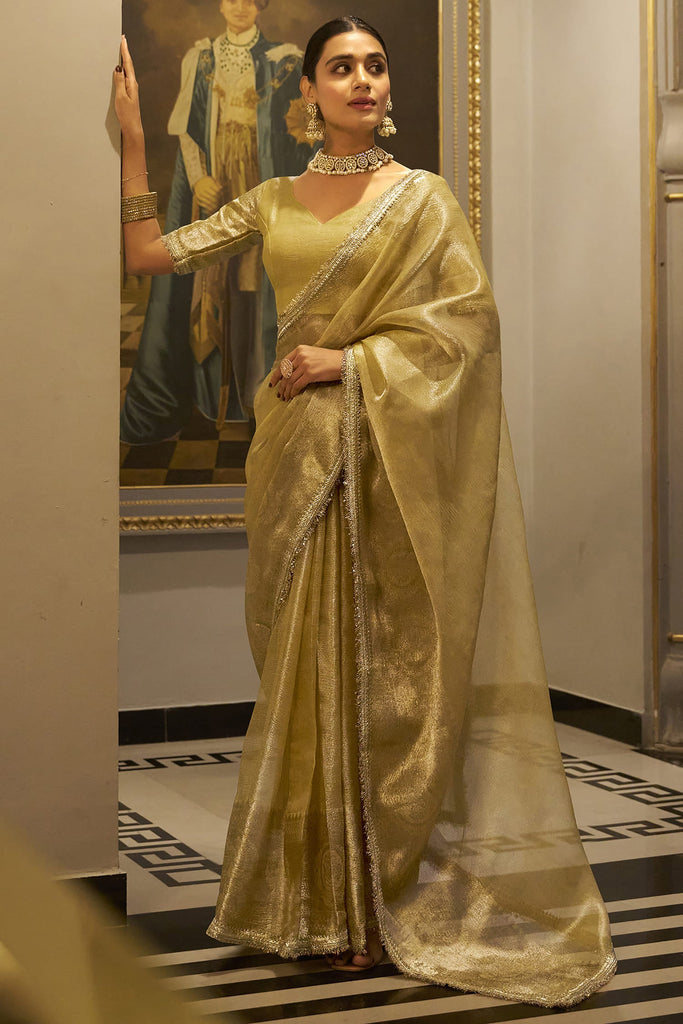 Precious Golden Zari Weaving Tissue Silk Event Wear Saree With Blouse