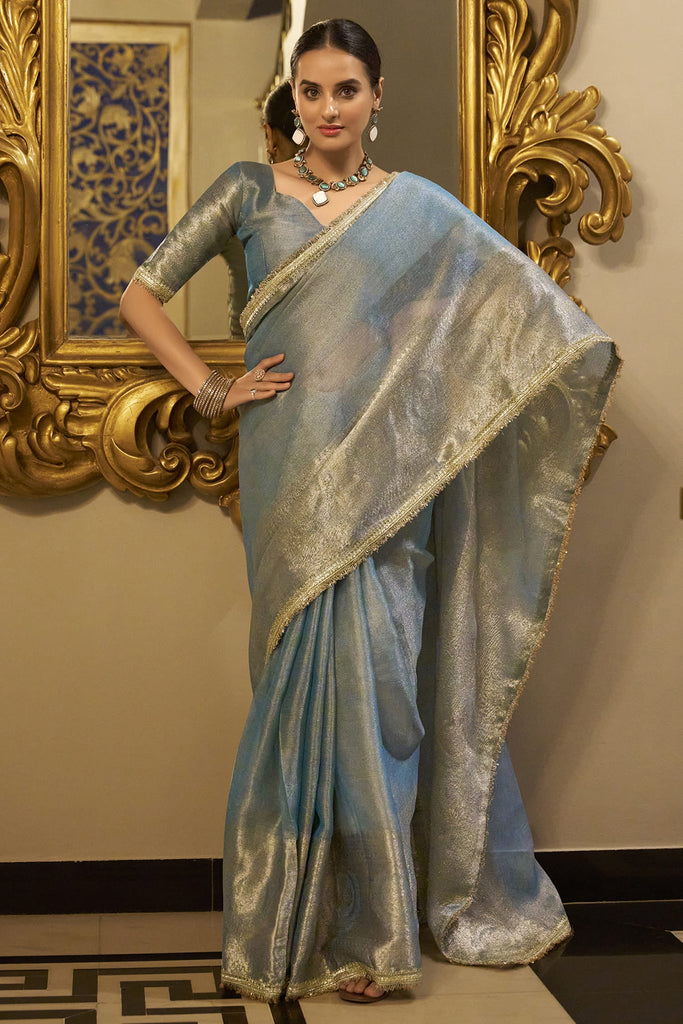 Amazing Sky Blue Zari Weaving Tissue Silk Event Wear Saree With Blouse