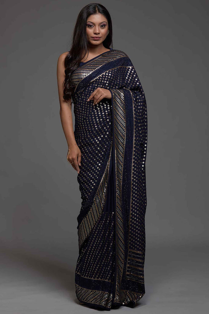 Lovable Navy Blue Sequins Georgette Party Wear Saree With Blouse