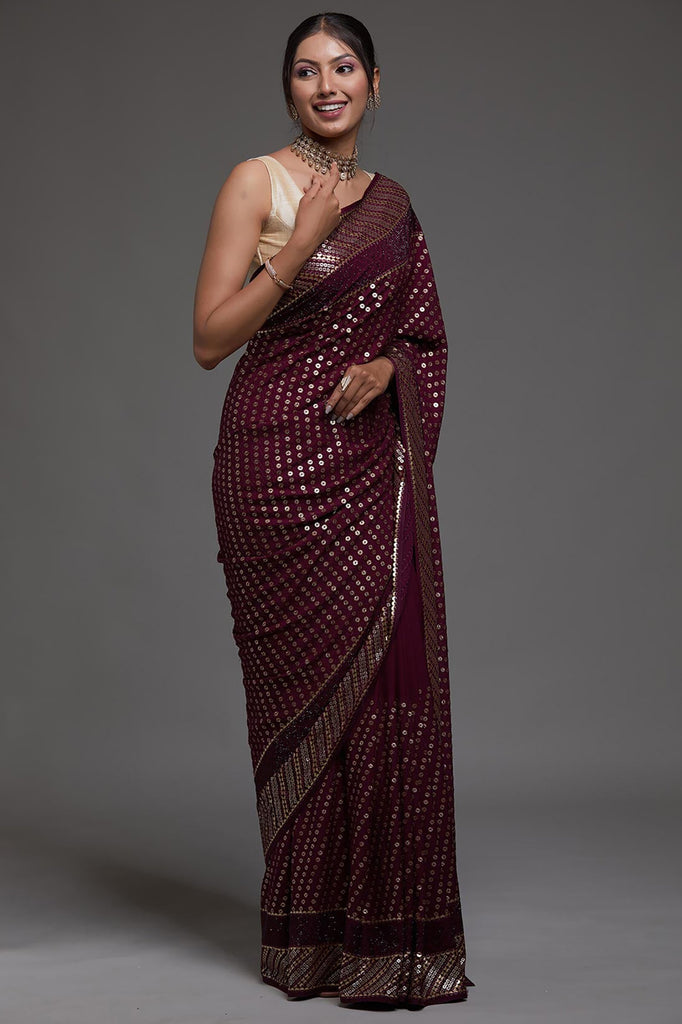 Adorable Maroon Sequins Georgette Cocktail Party Wear Saree