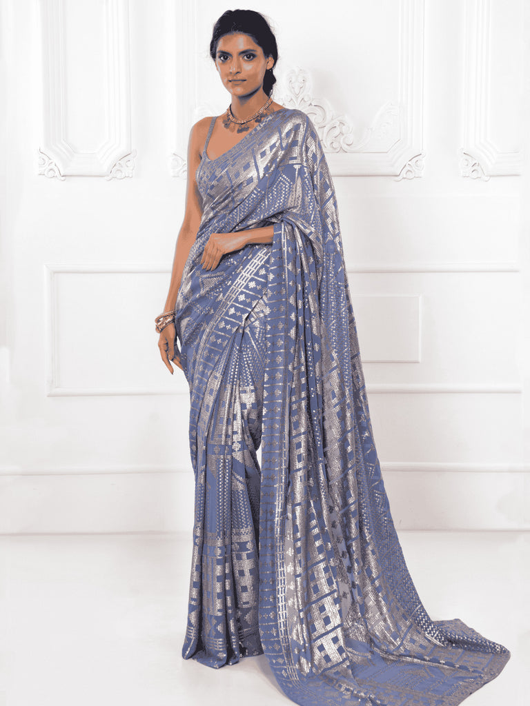 Gorgeous Grey Sequins Georgette Festival Wear Saree With Blouse