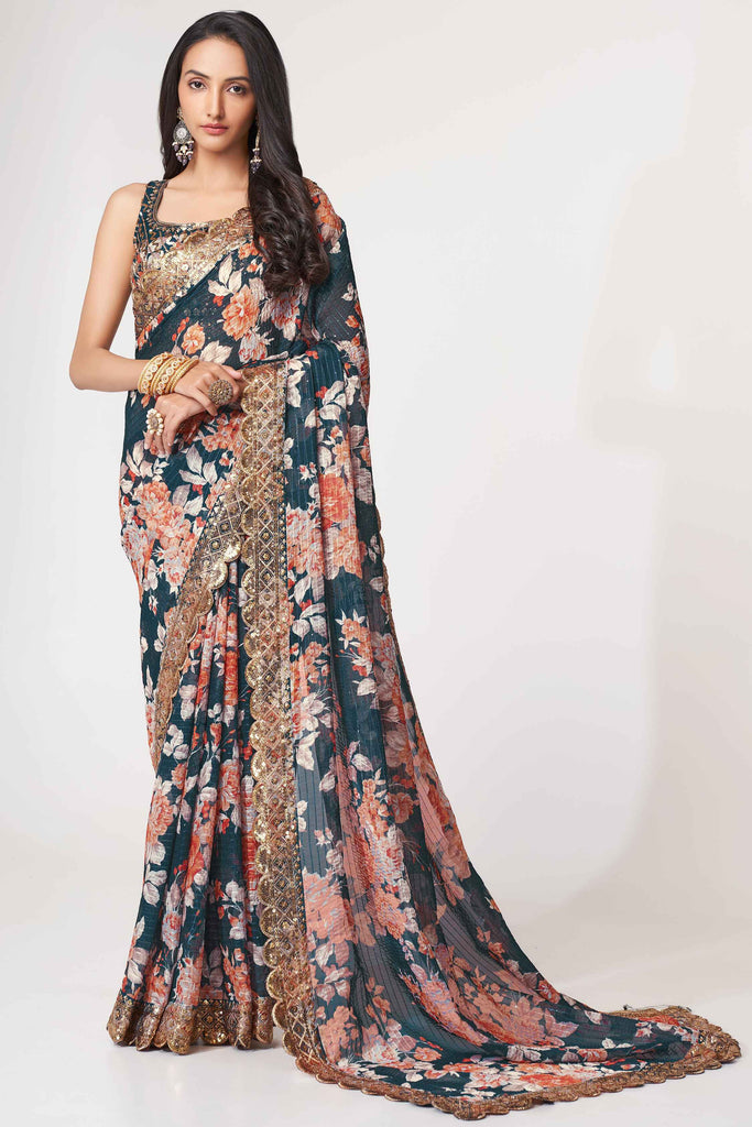 Alluring Dove Blue Floral Printed Organza Ceremony Wear Saree