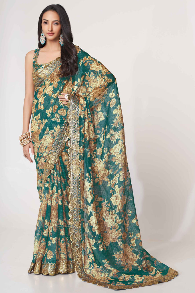 Alluring Teal Blue Floral Printed Organza Party Wear Saree