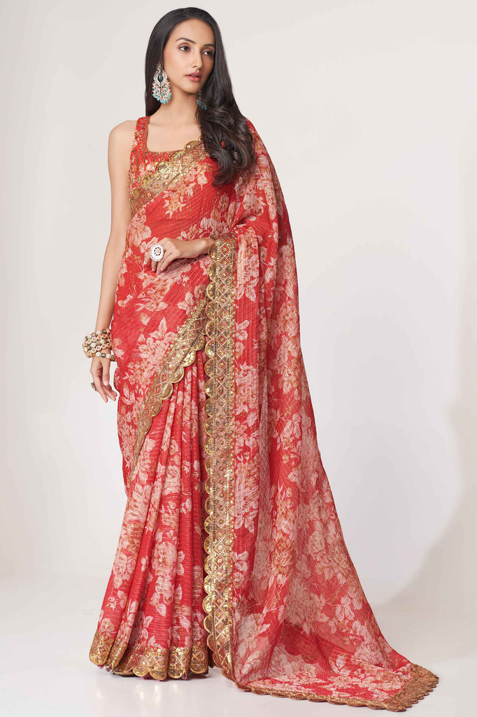 Lovable Red Floral Printed Organza Reception Wear Saree With Blouse