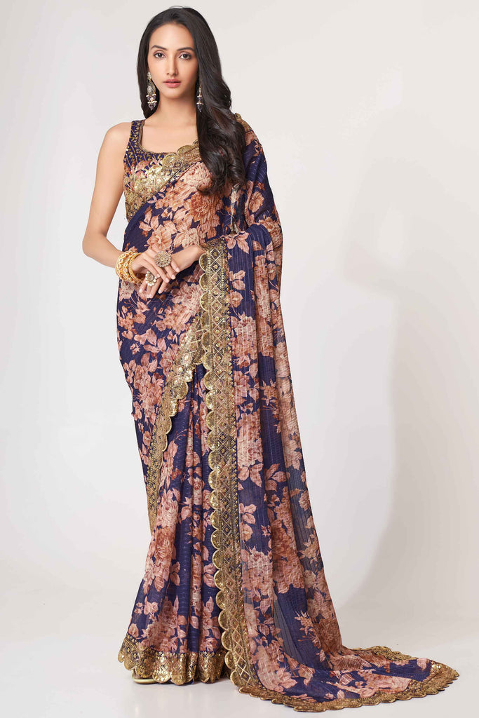 Attractive Purple Floral Printed Organza Engagement Wear Saree