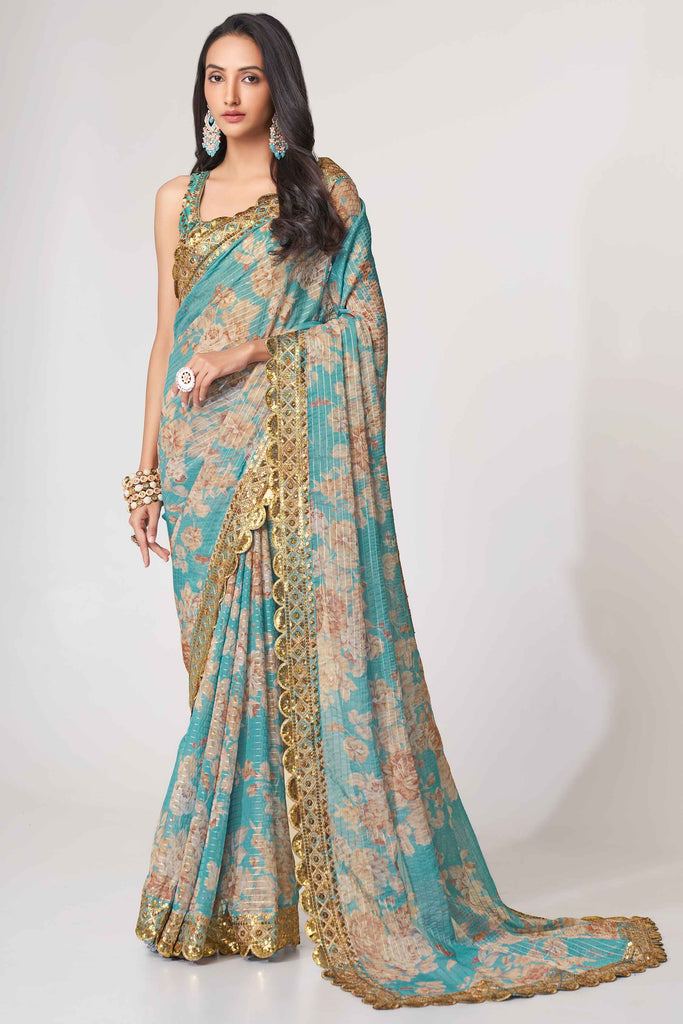 Winning Sky-Blue Floral Printed Organza Event Wear Saree