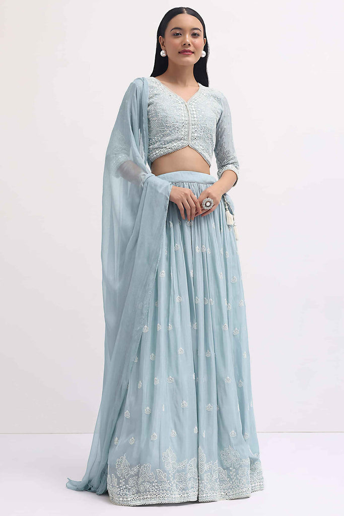 Lovely Blue Thread Embroidered Georgette Reception Wear Lehenga Choli