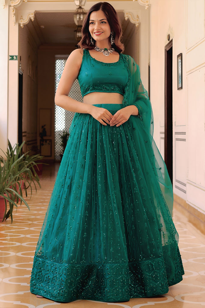 Eye-Catching Teal Green Sequins Net Monochrome Lehenga Choli With Dupatta