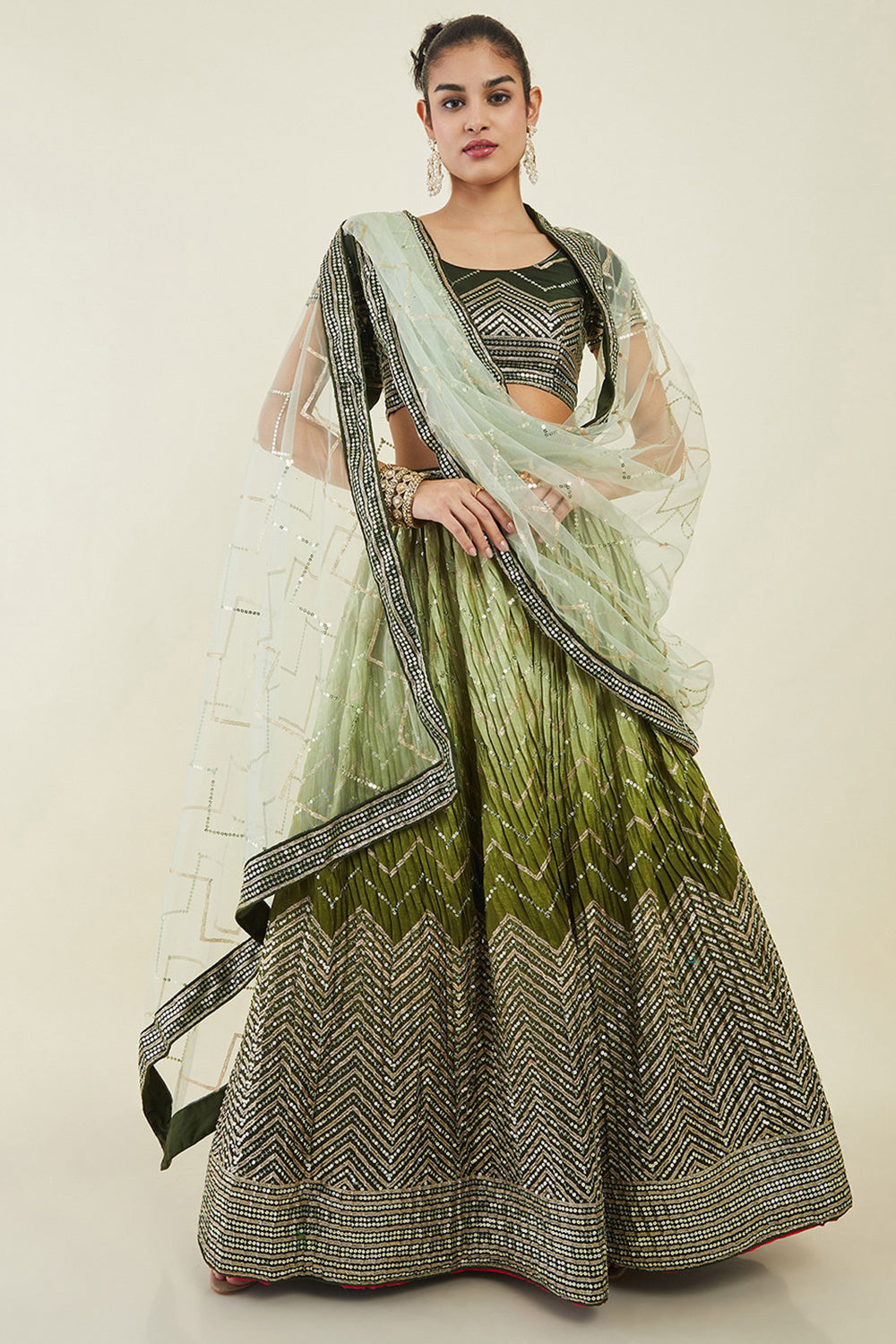 Green Sequins Art Silk Mehendi Wear Lehenga Choli With Dupatta