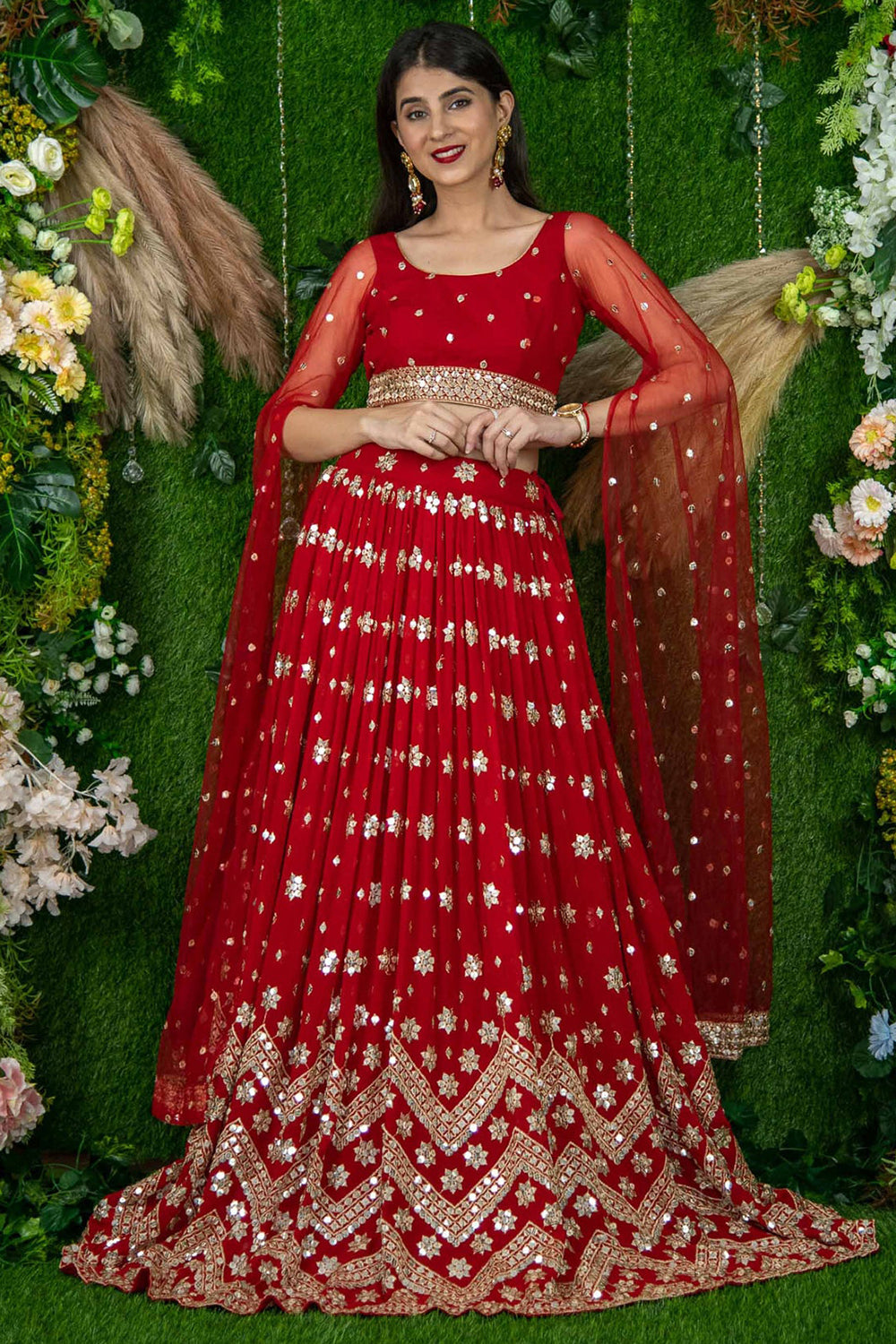 Red Sequins Georgette Lehenga Choli With Attached Dupatta