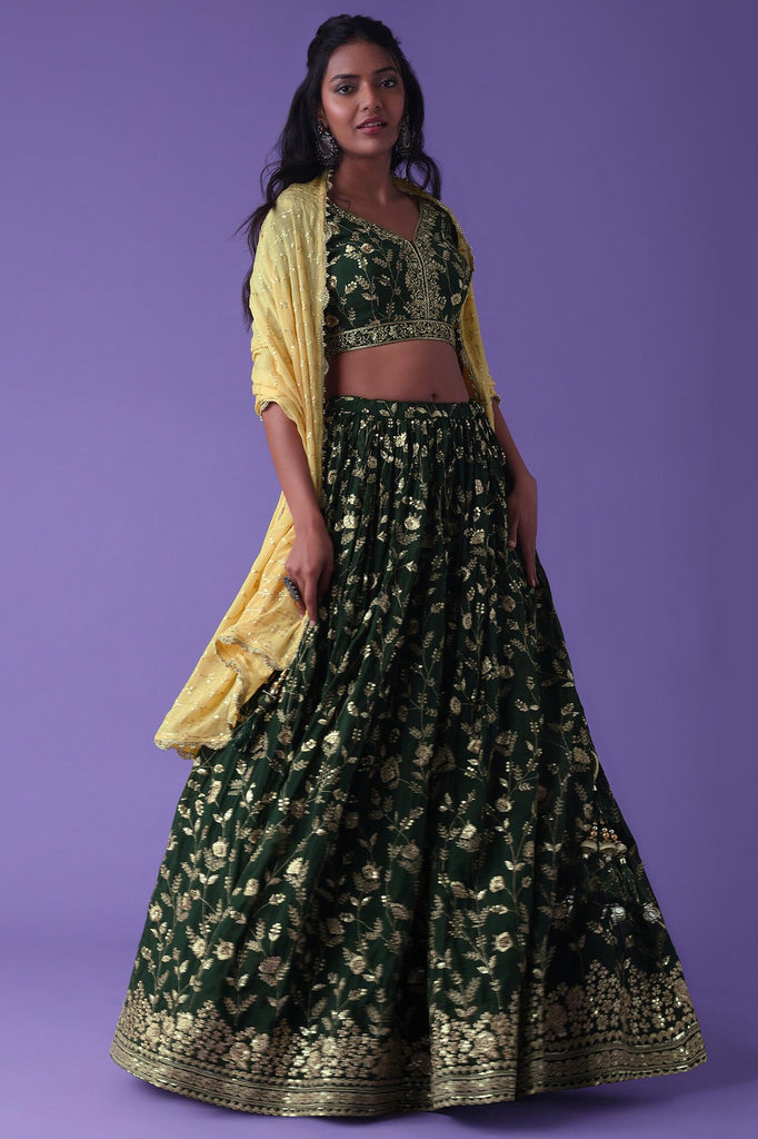 Delightful Green Zari Embroidered Georgette Mehendi Wear Lehenga Choli