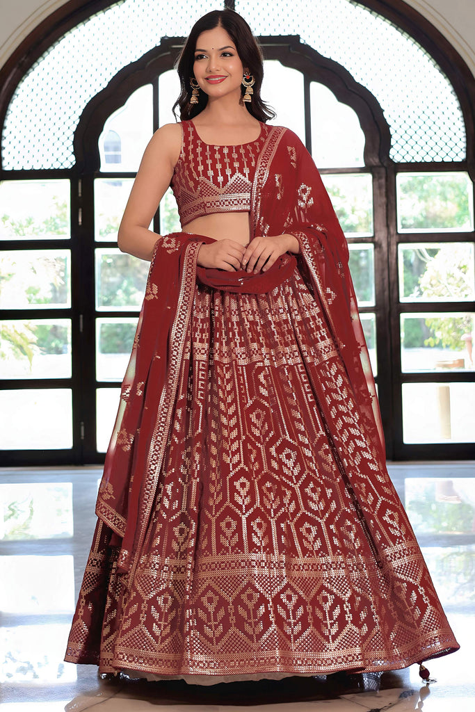 Astonishing Maroon Embroidered Georgette Wedding Lehenga Choli With Dupatta