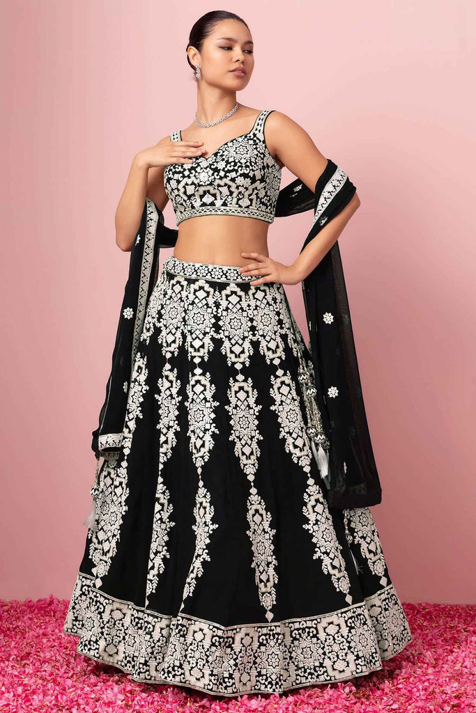Beautiful Black Thread Work Georgette Reception Wear Lehenga Choli