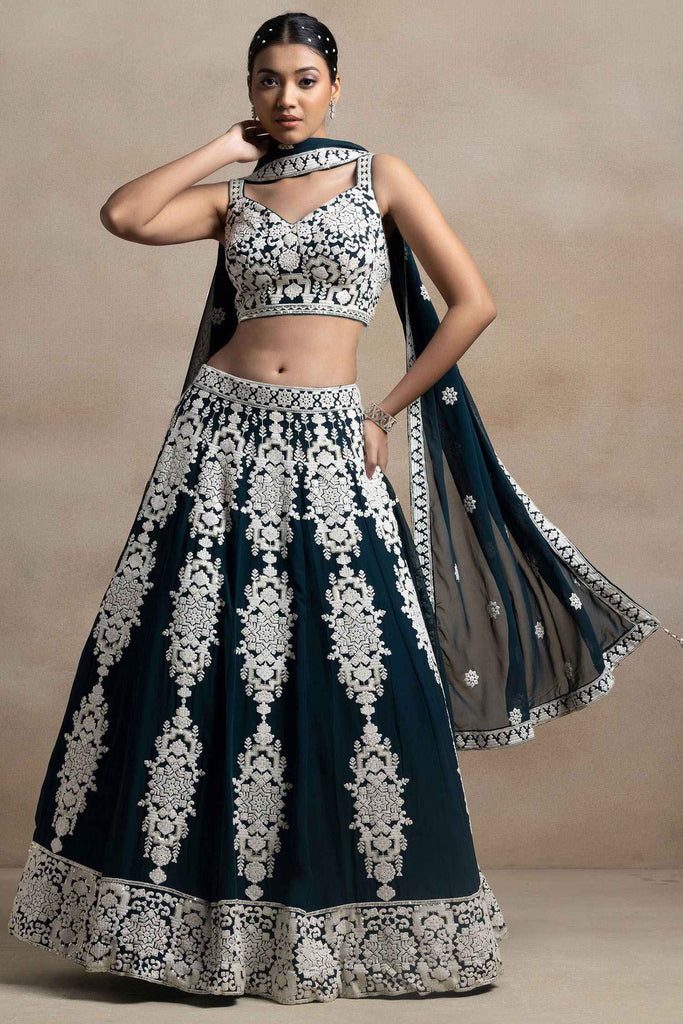 Alluring Dark Green Thread Embroidered Georgette Lehenga Choli