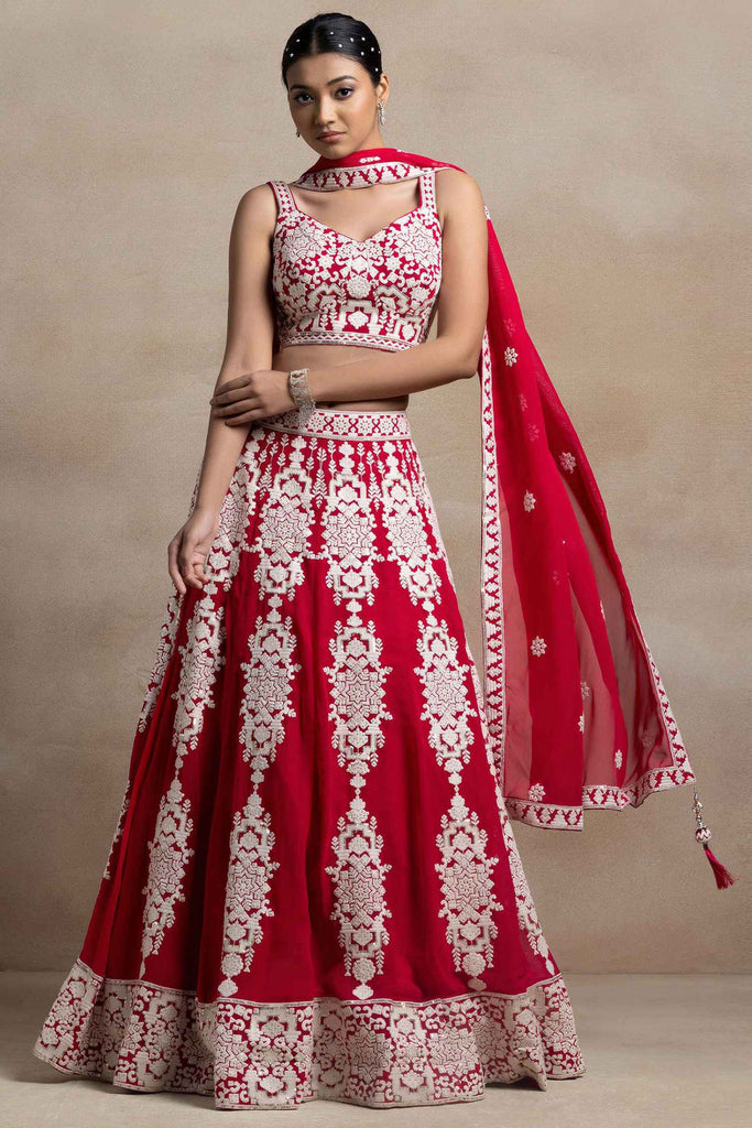 Stunning Red Thread Work Georgette Sangeet Wear Lehenga Choli