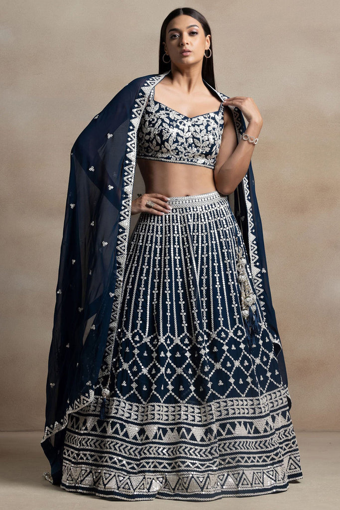 Wonderful Navy-Blue Thread Embroidered Georgette Wedding Lehenga Choli