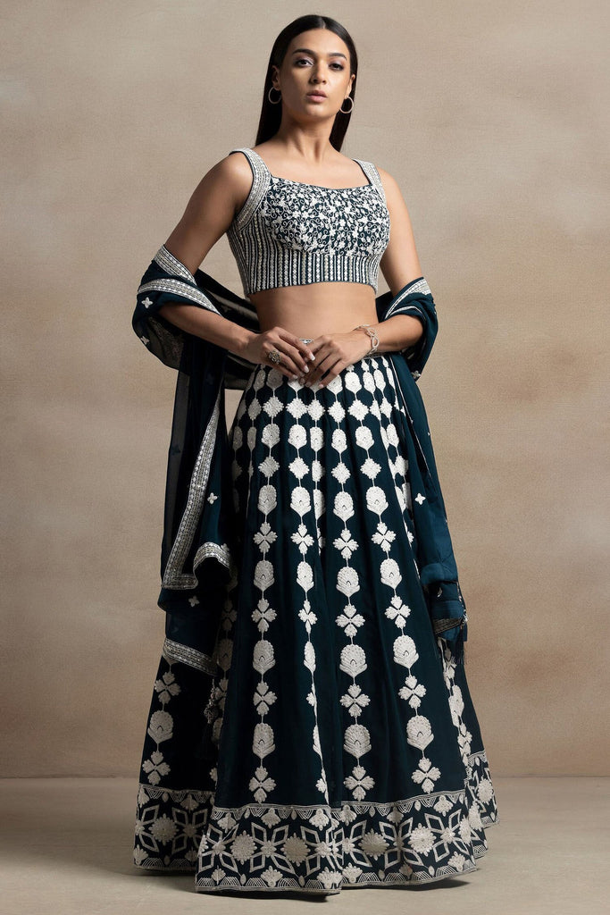 Enjoyable Dark Green Thread Work Georgette Festival Wear Lehenga Choli