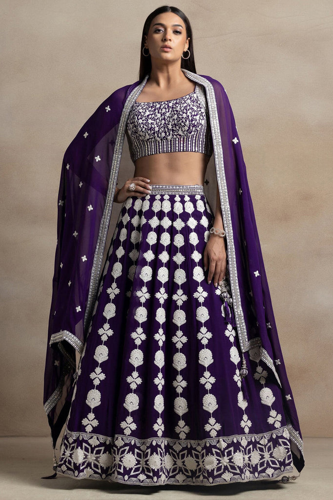 Ravishing Purple Thread Work Georgette Wedding Wear Lehenga Choli